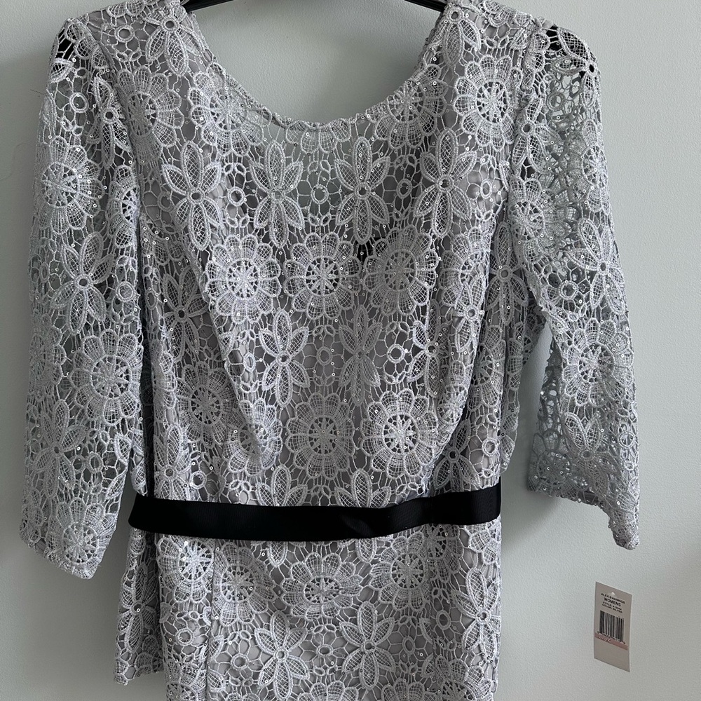 Alex Evenings lace blouse with 3/4 illusion sleeve and tie belt